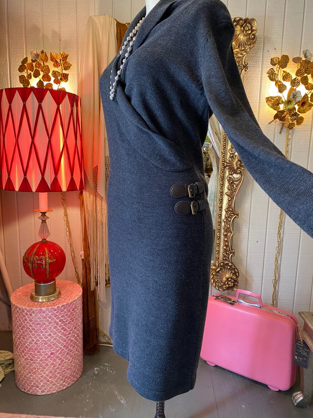 vintage y2k gray sweater dress, wrap style, buckle waist, fall, minimalist, med